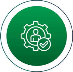User icon inside gear with check mark.