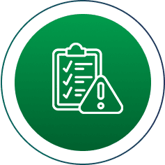 Checklist with alert icon in green circle.
