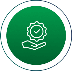 Hand holding approved badge icon on green background.